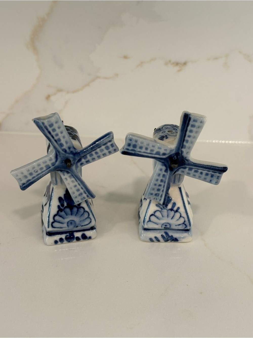 Vintage Delft Blue and White Porcelain Windmill Salt and Pepper Figurines